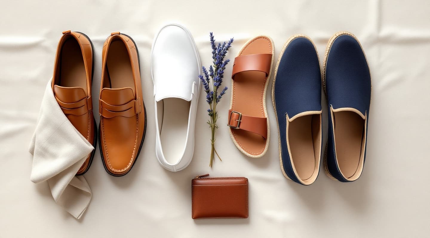 Hombre con 4 zapatos de verano para, fotografía editorial masculina