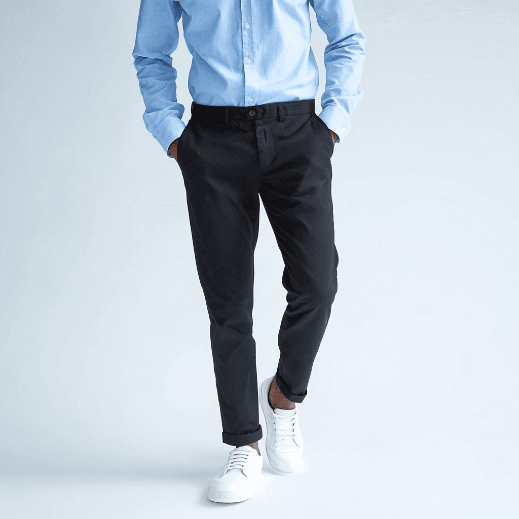 Outfit gris antracita con camisa azul celeste