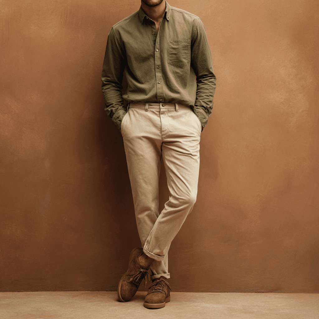 Outfit chino beige con camisa verde oliva