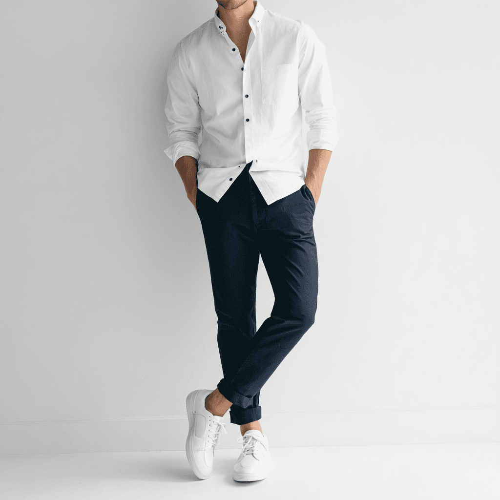 Outfit azul marino con camisa blanca