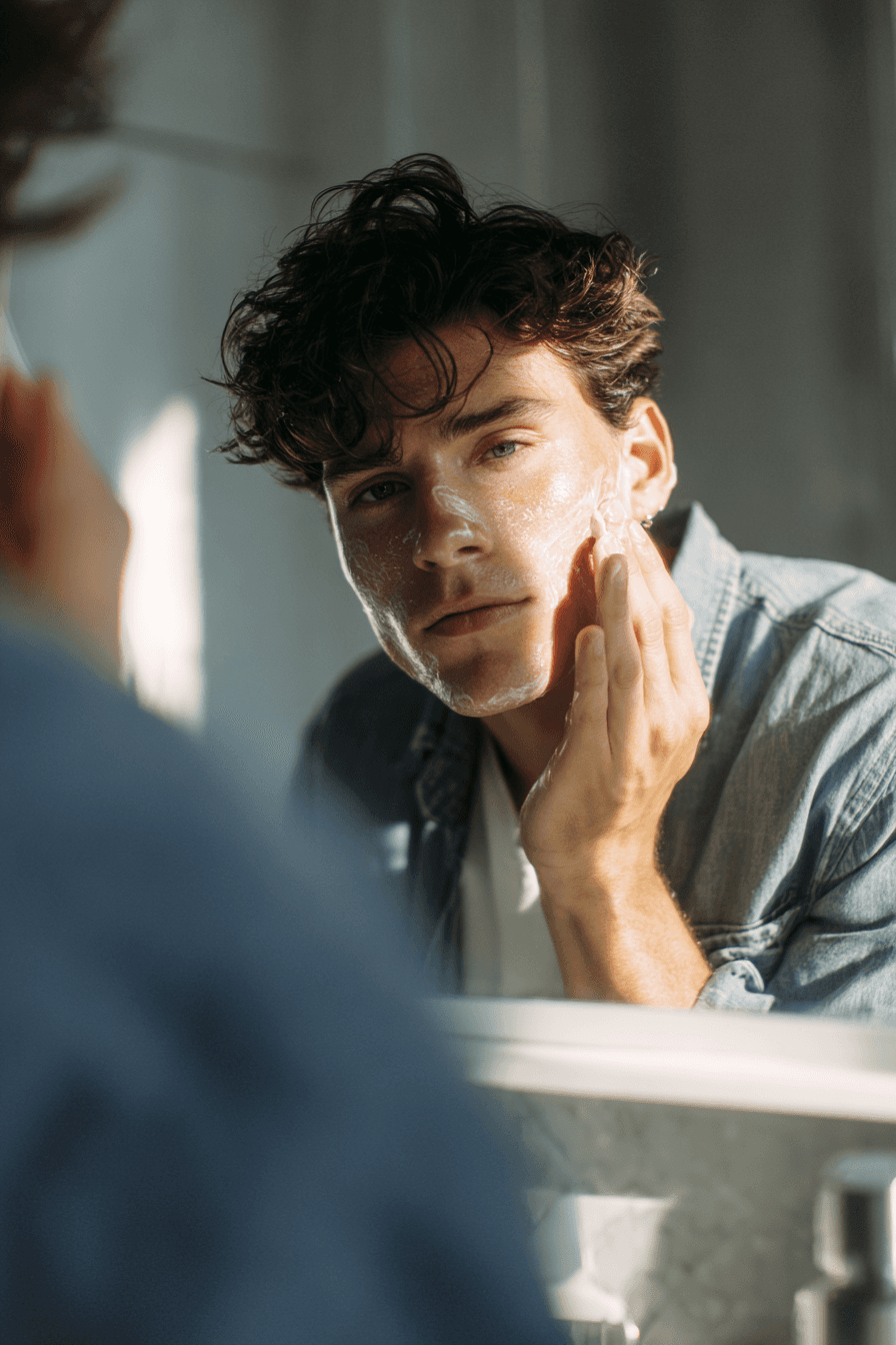 Hombre con crema hidratante facial para hombre:, fotografía editorial masculina