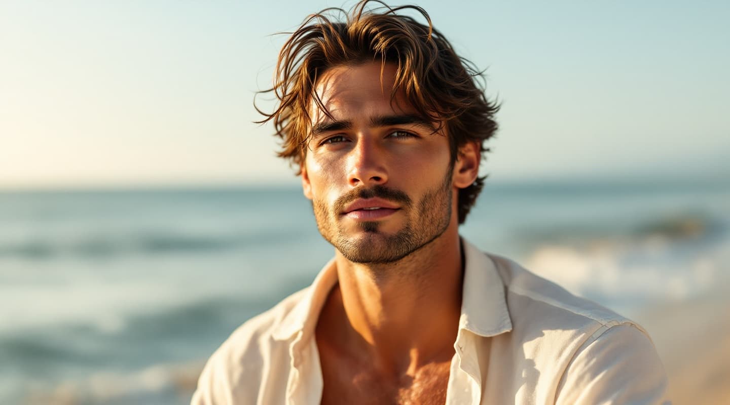 Hombre con cuidado del cabello en verano, fotografía editorial masculina