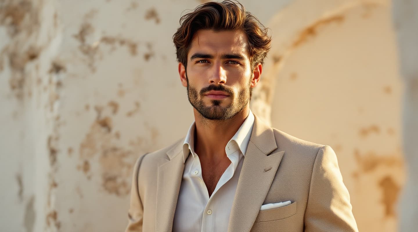 Hombre con outfit boda verano hombre 2026:, fotografía editorial masculina