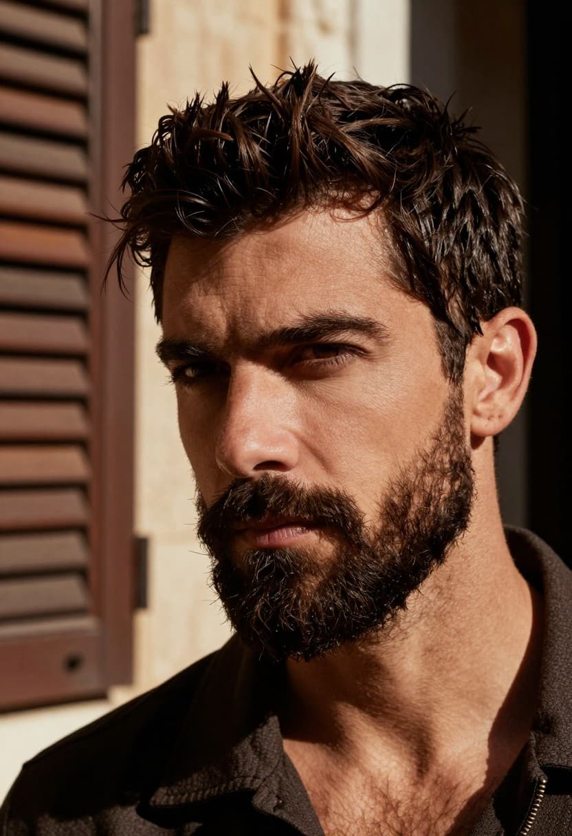 Hombre con barba corta hombre: guarda, mm, fotografía editorial masculina