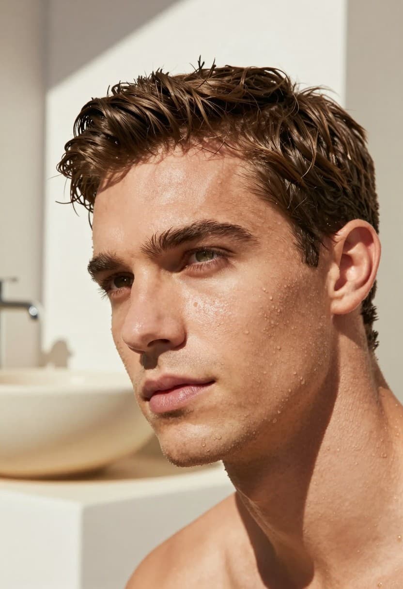 Hombre con hidratación facial hombre en verano:, fotografía editorial masculina