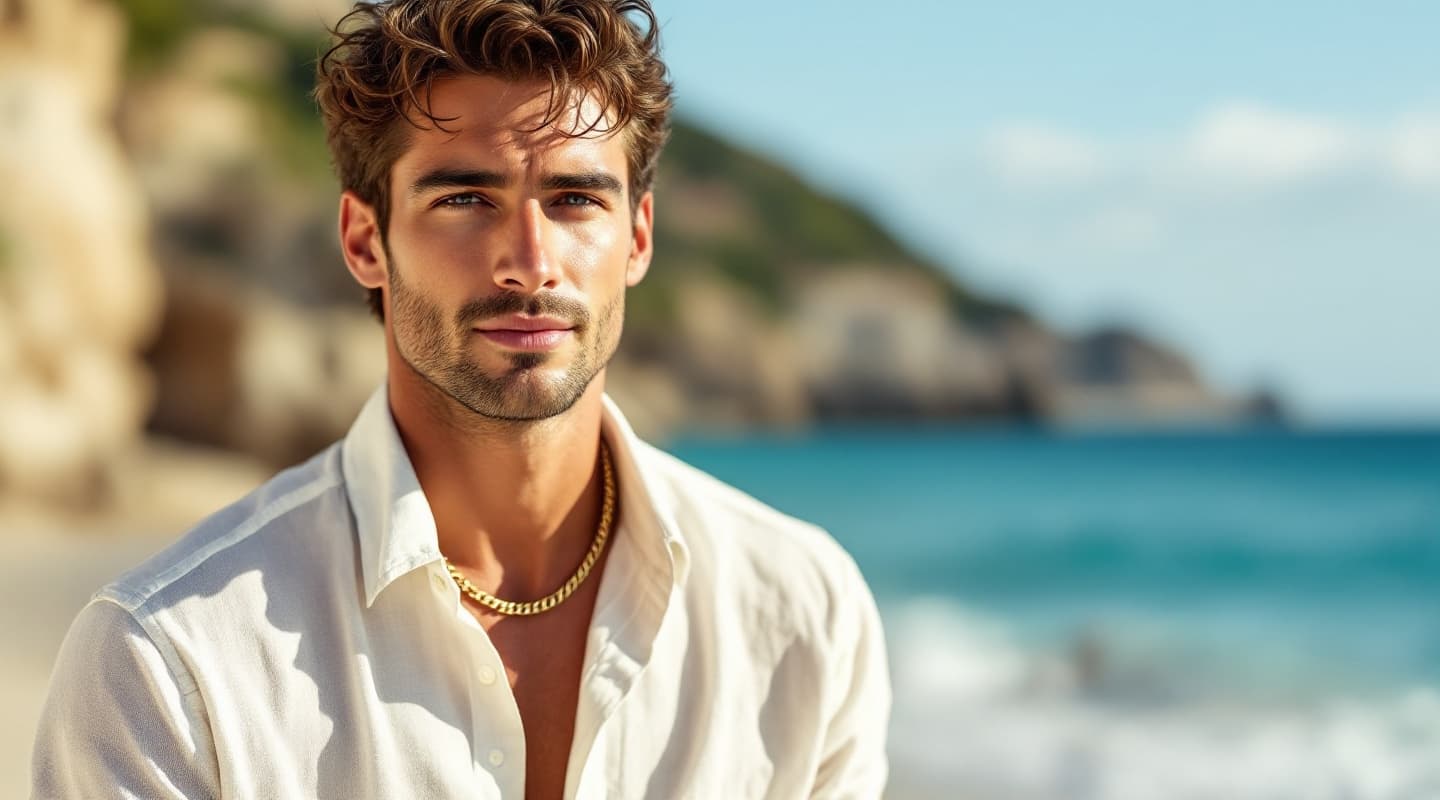 Hombre con looks verano hombre 2026: playa,, fotografía editorial masculina