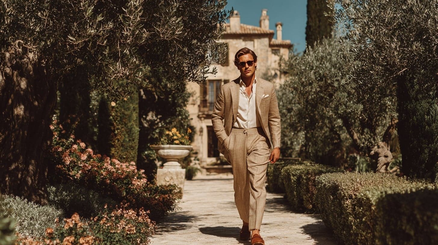 Hombre con outfit boda verano hombre 2026:, fotografía editorial masculina