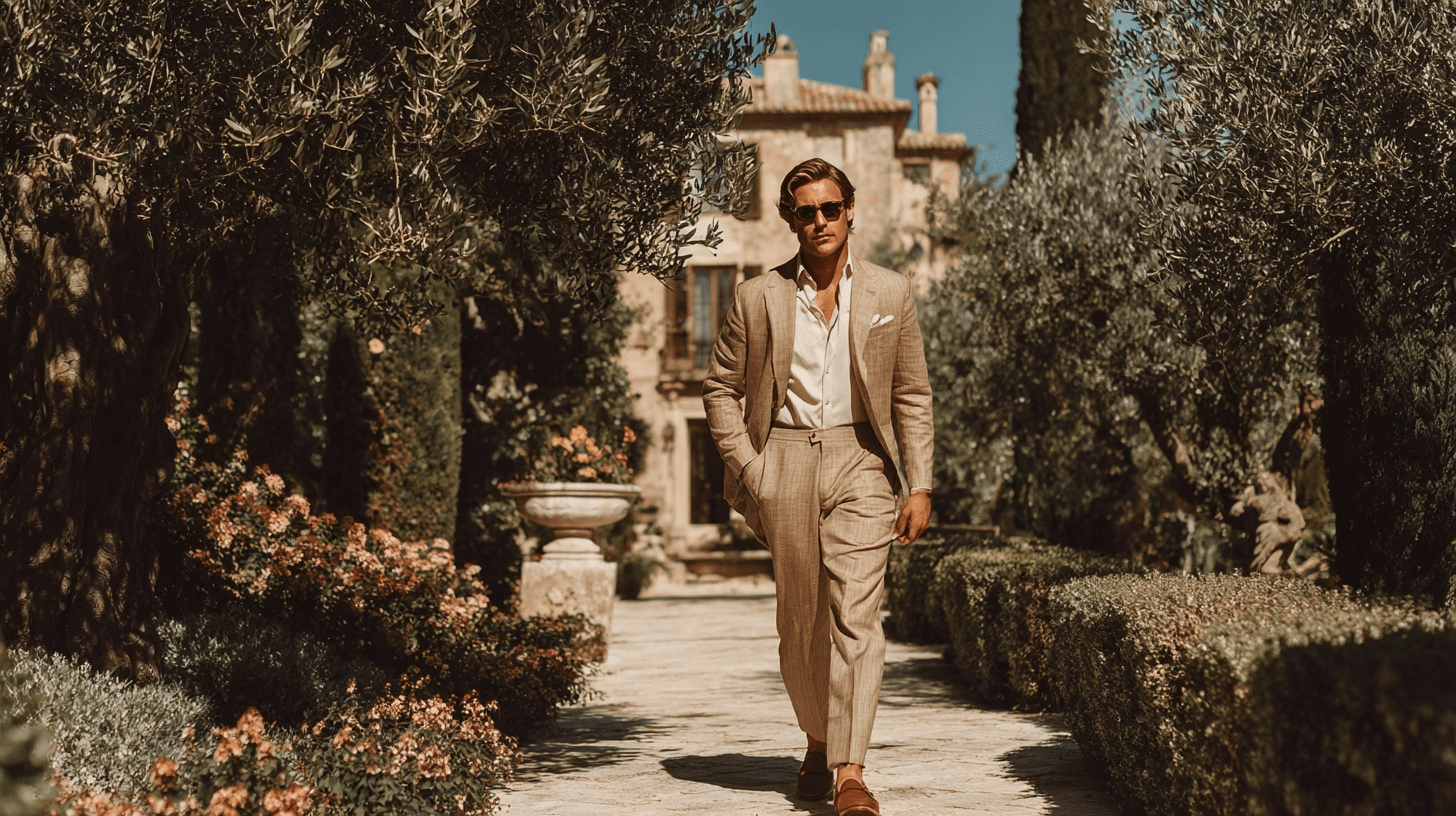 Hombre con outfit boda verano hombre 2026:, fotografía editorial masculina