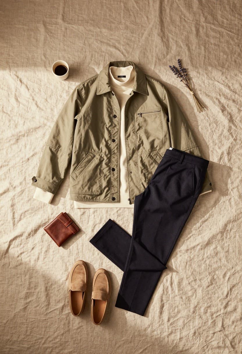 Hombre con outfit entretiempo hombre: looks oficina, fotografía editorial masculina
