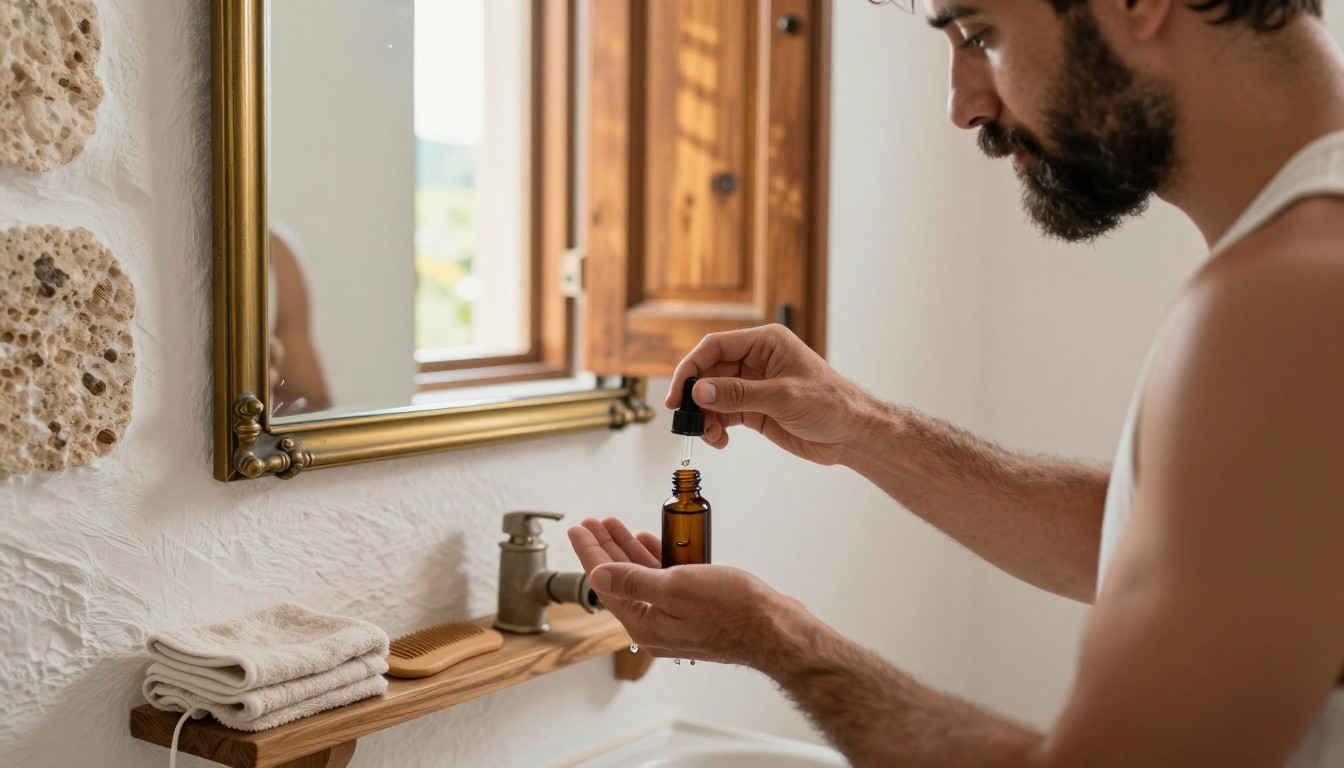 Imagen junto a sección "Mejores ingredientes naturales para el aceite de barba", fotografía editorial masculina