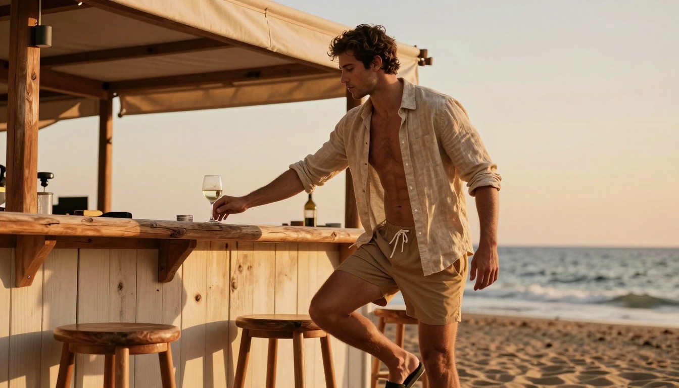 Imagen junto a sección "La transición playa-chiringuito sin cambiarte", fotografía editorial masculina