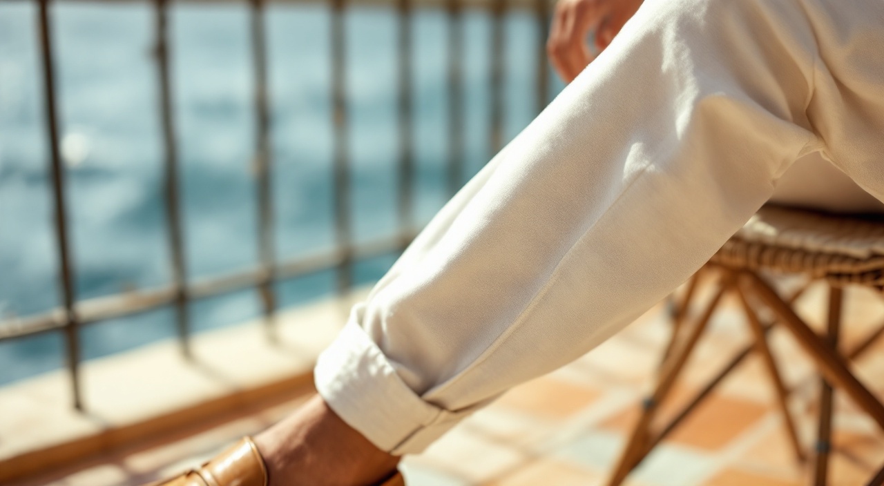 Imagen junto a sección "Cómo combinar pantalón de lino hombre: calzado según ocasión y corte", fotografía editorial masculina