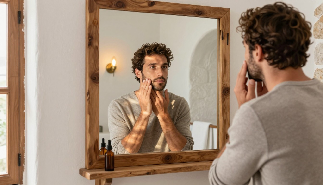 Imagen junto a sección "Rutina facial piel grasa hombre", fotografía editorial masculina
