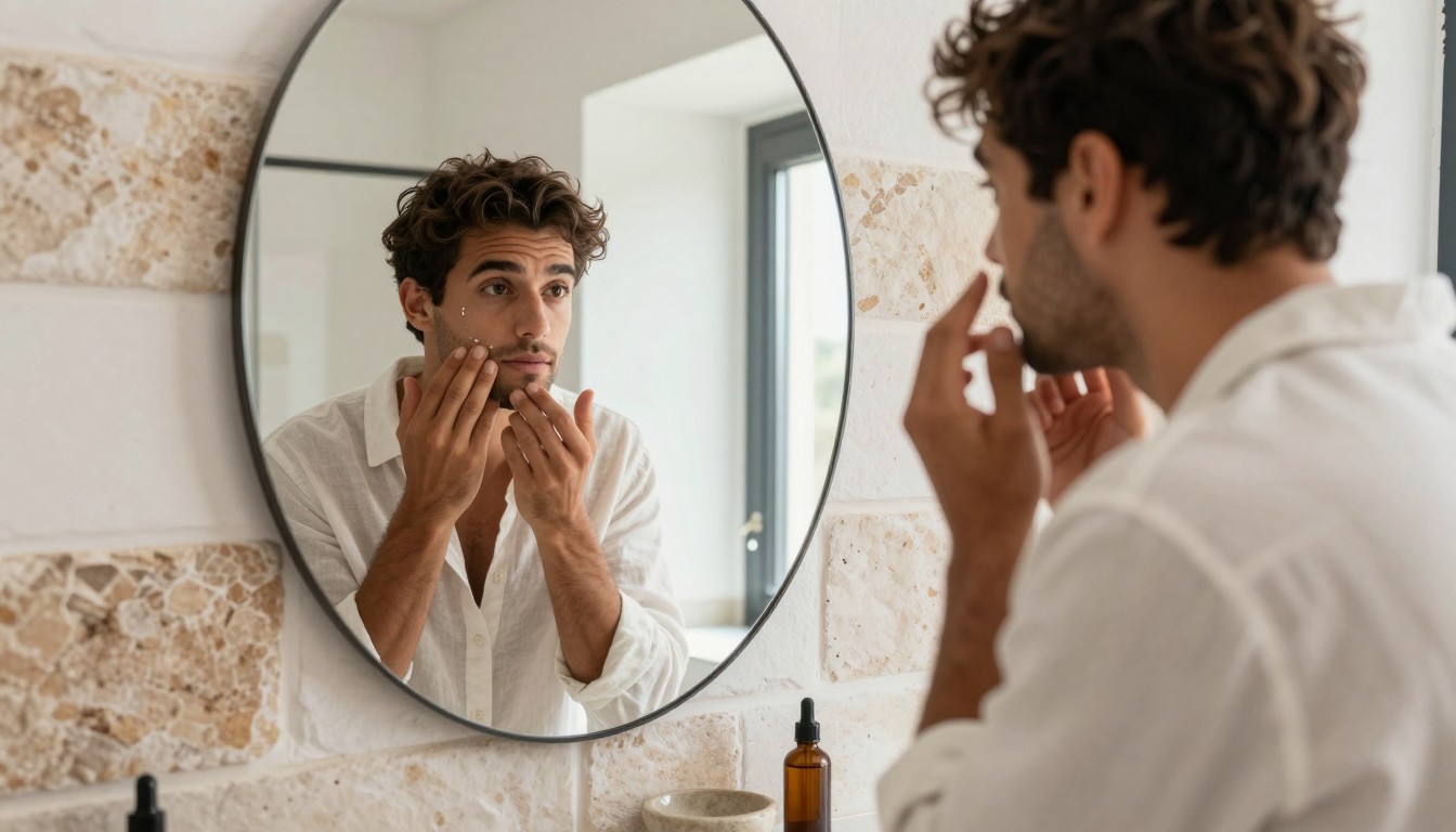 Imagen junto a sección "Cómo incorporar el sérum a tu rutina sin errores", fotografía editorial masculina